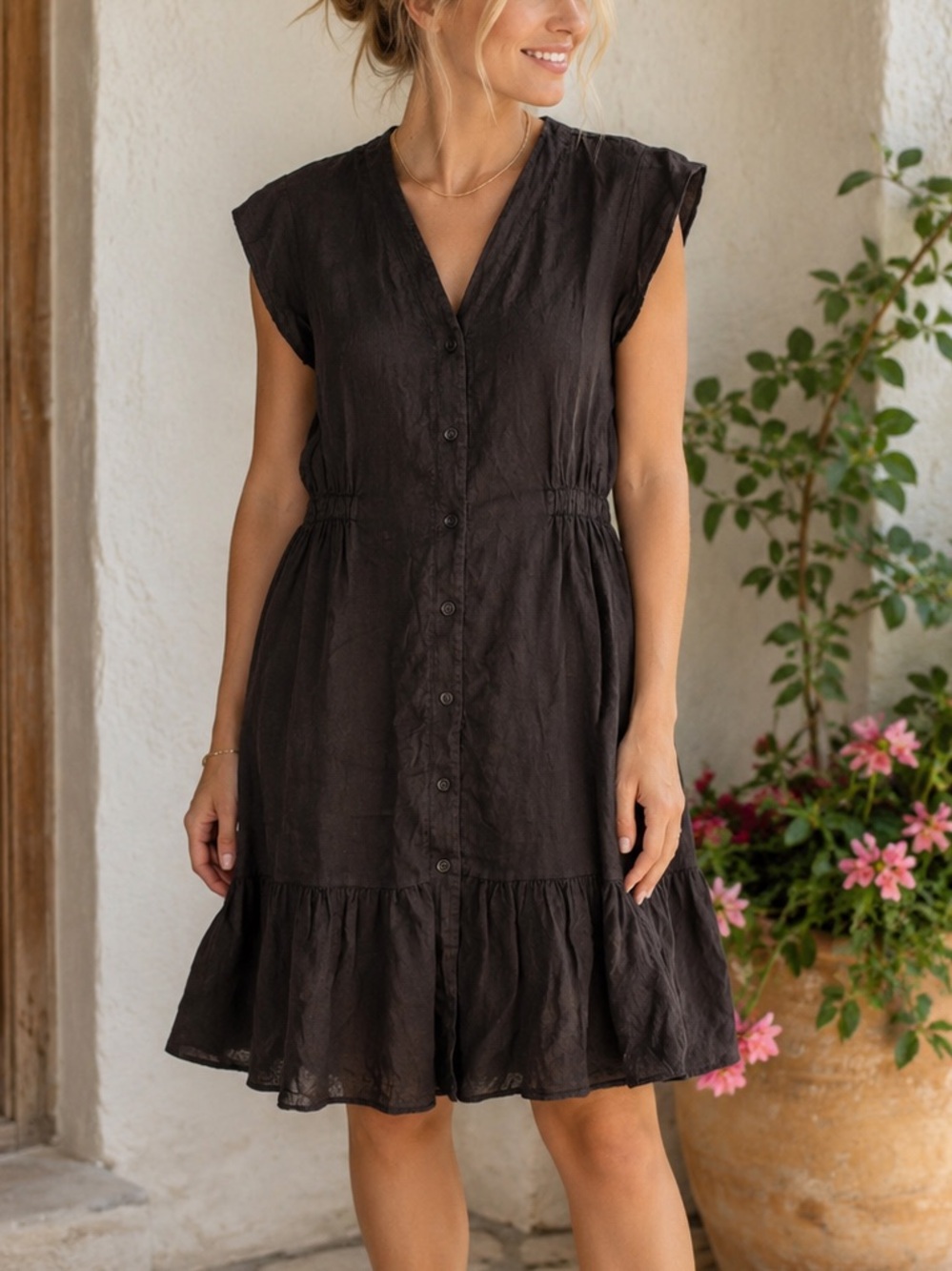 100% Linen Allegra Masetti Firenze Black Button Front Midi Dress M Made in Italy